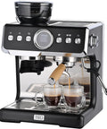 Fully Automatic Espresso Machine With Badass Burr Grinder And Hella Smooth Pulls Featuring Precise Temperature Control Plus Adjustable Milk Frother And Pro Grade 58mm Portafilter For Kitchen Ready Barista Coffee with espresso shots pouring.
