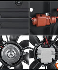 Beefed Up Dual Radiator And Condenser Cooling Fan Assembly Replacement close-up of fan blades, wiring, and connector for VW, Audi 2006-2016.