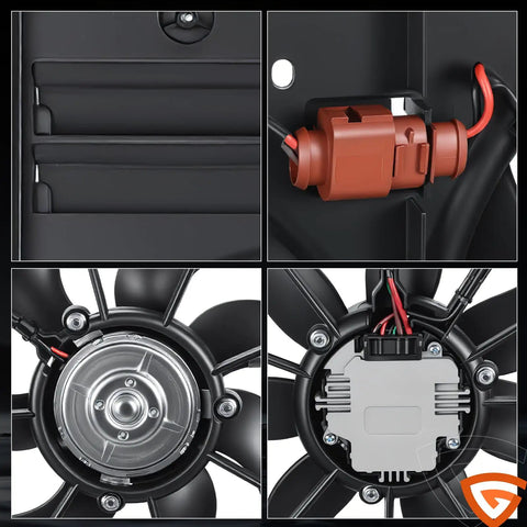 Beefed Up Dual Radiator And Condenser Cooling Fan Assembly Replacement close-up of fan blades, wiring, and connector for VW, Audi 2006-2016.