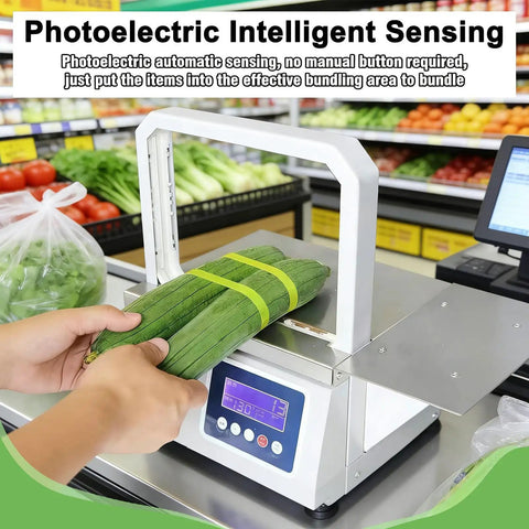 Automatic Tape Tying Machine With Foot Pedal Trigger And Optic Sensor For Produce Bagging dual mode used with cucumbers on packaging table.