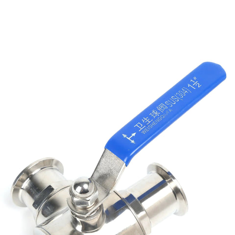 QiiMii 1.5-inch tri-clamp sanitary ball valve, stainless steel 304, blue handle, 3-way T-port