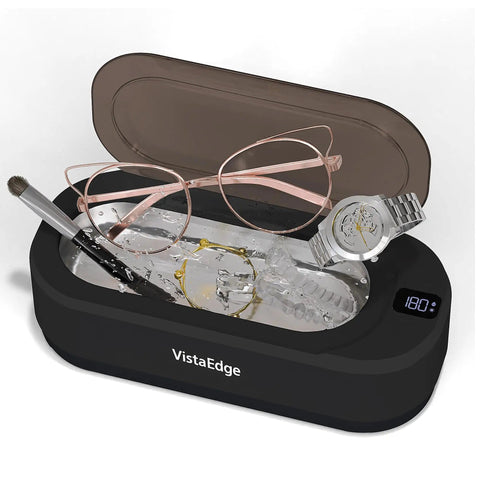 Pro Grade Ultrasonic Cleaner For Jewelry And Glasses With 48KHz Frequency 350ml Stainless Steel Tank Digital Touch Display showing eyeglasses