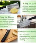 Crinkle cut knife with stainless blade and black ergonomic handle; shown cutting potato and rinsed under water.
