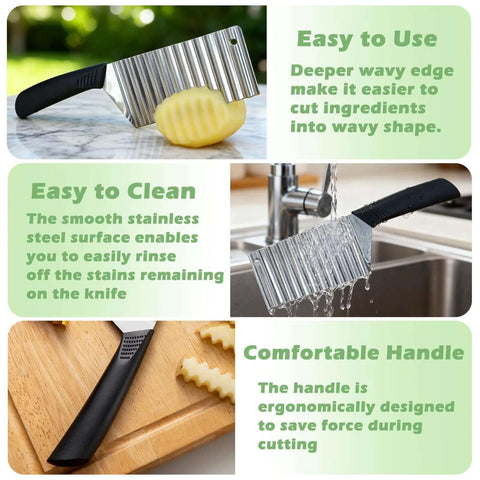Crinkle cut knife with stainless blade and black ergonomic handle; shown cutting potato and rinsed under water.