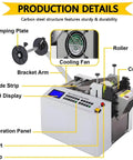 Multifunctional Automatic Heat Shrink Tubing Cutter 300W Machine for tubes features LCD display, cooling fan, and clamping plate.