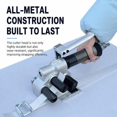 Heavy Duty Handheld Pneumatic Strapping Machine For 19 To 50 Mm Steel Bands in use, showcasing its all-metal construction and cutter head.