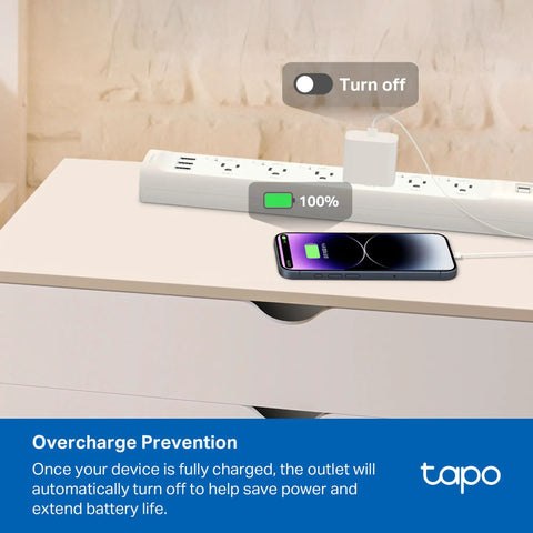 Matter Compatible Smart WiFi Power Strip Offering Individual Outlet Control And Live Energy Tracking To Keep All Your Gear Fully Charged Slash Monthly Bills And Guard Your Rig Against Power Spikes For Bedroom Or Office Boss Setups on a nightstand with a mobile phone charging.