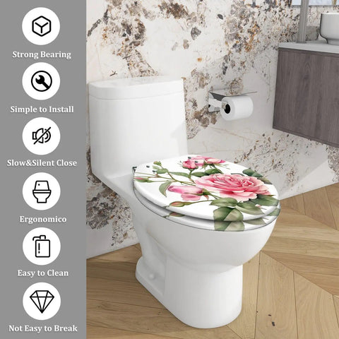 Elongated Resin Toilet Seat for Bathroom with floral design, fits most toilets, easy to clean and install.