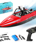 High Speed RC Jet Boat With 2.4GHz Remote Control For Teens And Adults, LED Lights, Storage Bag, Low Battery Warning shown with remote and accessories
