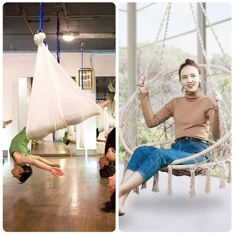 Woman using Two Pack Beefy Heavy Duty 360 Degree Swivel Hanger Set For Ceiling And Wood, Stainless Steel 304 Hooks for hammock and yoga swing, 1200 lb load capacity, rust resistant