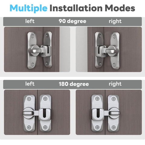 90 And 180 Degree Barn Door Lock Built Tough Sliding Gate Latch For Privacy shown installed in multiple modes