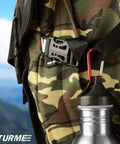2 Inch Aluminum D Ring Carabiner Clip Set With Spring Loaded Gate on camo backpack holding water bottle