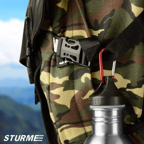 2 Inch Aluminum D Ring Carabiner Clip Set With Spring Loaded Gate on camo backpack holding water bottle