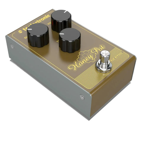 Honey Pot Fuzz Pedal With Vintage Flavor Delivers A Massive Tone Wall And Long Sustain, metal chassis, top view
