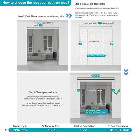 How to choose the correct track size for Heavy Duty 80 Inch Bi Folding Sliding Barn Door Hardware Track Kit With Silky Smooth Black Rollers.