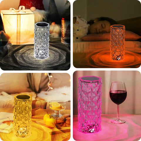Crystal Diamond Night Light Lamp with 16 RGB Colors and 4 Modes in various room settings, USB powered, cozy rose glow vibe for kids.