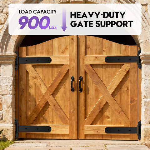 Heavy Duty Gate Hinges For Gates Up To 900 Lbs, 13 Inch Bolt Weld Mount, Matte Black Finish With Built In Ball Bearings And Grease Fitting For Smooth, Quiet Operation On Large Wooden, Metal Farm And Industrial Fencing Gates on wooden double gate