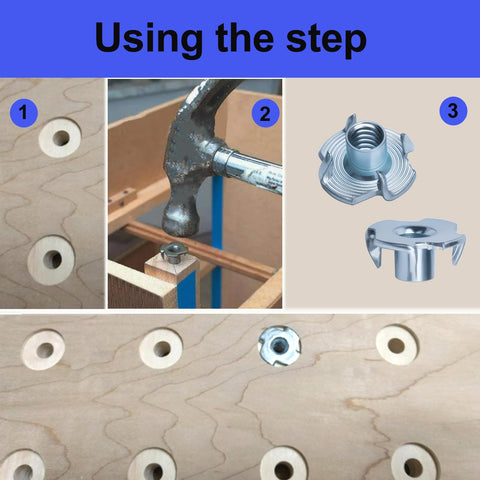 Image showing installation of 100 Pack 1 Quarter Inch 20 T Nuts Zinc Plated Steel Threaded Inserts Five Sixteenth Inch Barrel Length Four Prong Tee Nuts For Wood Cabinets Furniture Climbing Holds Home Outdoor Use Corrosion Resistant with a hammer