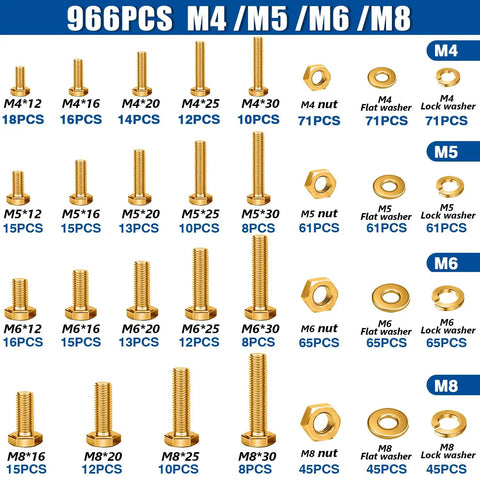 Mega Heavy Duty Metric Bolt And Nut Kit 966 Piece Grade 8 8 With Portable Storage Box Includes M4 To M8 Hex Bolts Nuts And Washers