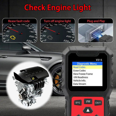 OBD2 Car Diagnostic Scanner With Full Read And Clear Codes, Engine Light Reset, shown with car engine and dashboard indicators.