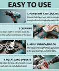 Steps to apply White High Temperature Lubricating Grease For Power Tools And Machinery with images of tools and grease application.