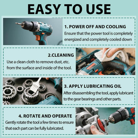 Steps to apply White High Temperature Lubricating Grease For Power Tools And Machinery with images of tools and grease application.