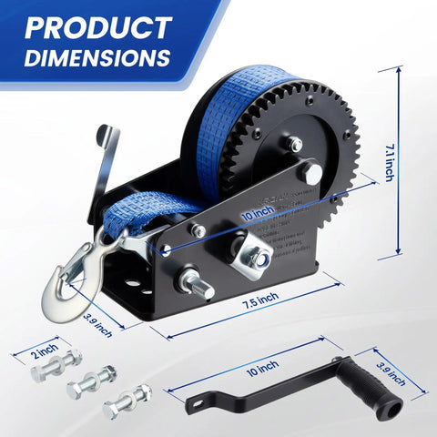 Beefy 3500 Lb Boat Trailer Winch, Portable Hand Crank With 33 Ft Strap, Dual Gear Ratios 4-to-1 And 8-to-1, Blue Finish, Built For Boat, Trailer, Truck, RV, ATV And Jet Ski Towing, 10 inch