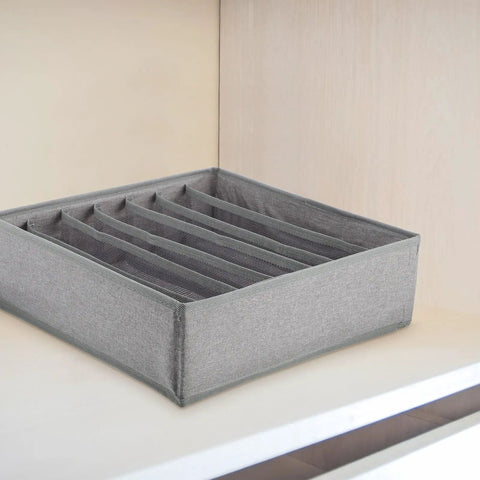 Multi Pocket Cloth Drawer Organizer For Bras Socks Ties And Briefs with multiple compartments in grey fabric.