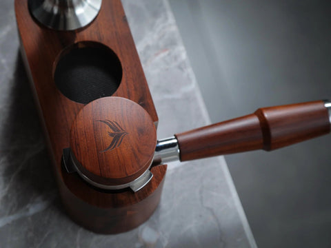 KNODOS 54mm espresso distribution tool, rosewood and stainless steel, front view