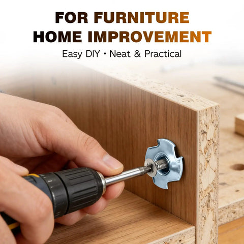 Heavy Duty 1/4-20 T Nuts With Four Prongs For Wood Furniture Cabinets And Rock Climbing Holds Zinc Plated Steel Rust Resistant Anti Spin Tee Nut Kit used on wood panel with drill