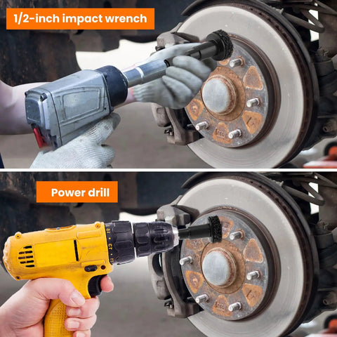 Garage Ready Brake Hub Cleaning And Resurfacing Kit used with impact wrench and power drill on car brake rotor