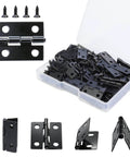Matte Black 18x15mm Mini Hinges With 200 Screws For Wooden Boxes Jewelry Boxes Picture Frames And DIY Projects Built For Delicate Woodworking By Handy DIYers, shown in a storage case with various angles.