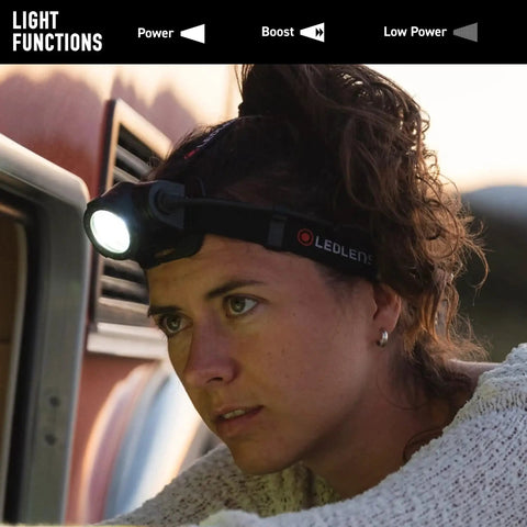 Person wearing H15R Core Headlamp 2500 Lumen Helmet Light With Advanced Focus System IP67 Waterproof outdoors at dusk.