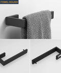 4 Piece Bathroom Accessories Set For Wall Mounted Use Includes 23.6 Inch Towel Bar 8.3 Inch Hand Towel Ring Toilet Paper Holder And Double Hooks With Matte Black Stainless Steel showing hand towel holder with towel.