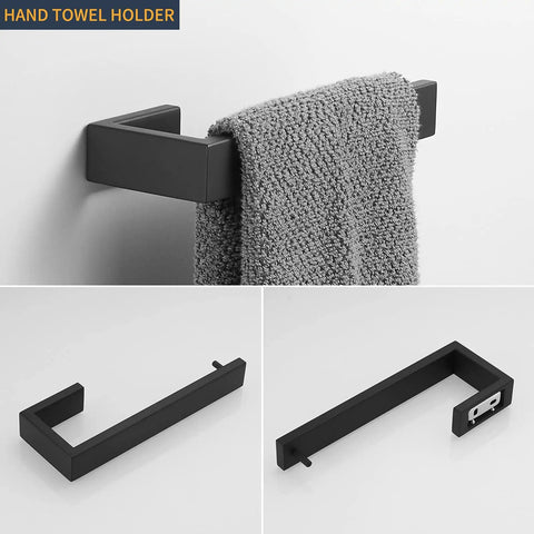 4 Piece Bathroom Accessories Set For Wall Mounted Use Includes 23.6 Inch Towel Bar 8.3 Inch Hand Towel Ring Toilet Paper Holder And Double Hooks With Matte Black Stainless Steel showing hand towel holder with towel.