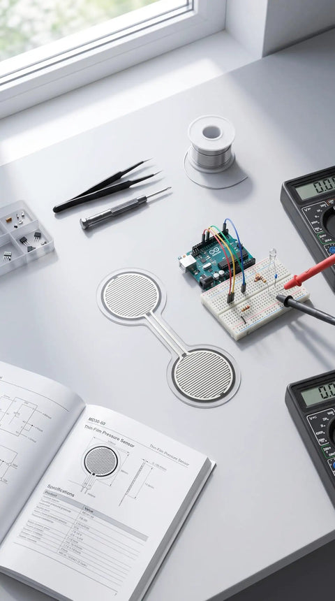 Heavy Duty Force Sensing Resistor With A No Stress Setup For 0 To 30 Kilograms Of Pressure Mapping and Snappy Analog Response On The 30 Mm Round Pad. Prototyping setup on a workbench.