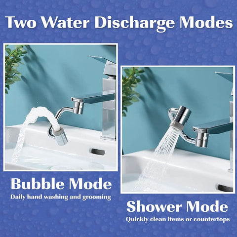 Side by side of Go-To 1080 Degree Rotating Faucet Extender With Splash Filter Aerator in bubble mode and shower mode.