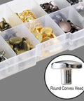 No Fuss 50 Set Chicago Screws And Leather Rivets Kit Featuring Assorted Zinc Alloy Metal Studs in clear organizer with round convex head.