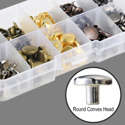 No Fuss 50 Set Chicago Screws And Leather Rivets Kit Featuring Assorted Zinc Alloy Metal Studs in clear organizer with round convex head.