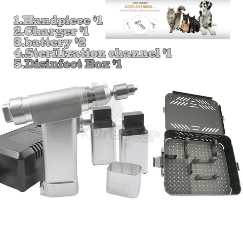 Top Shelf Veterinary Orthopedic Mini Bone Drill Electric Power Tool Set With Whisper Quiet Motor Sterile Surgical Instrument Kit contents laid out