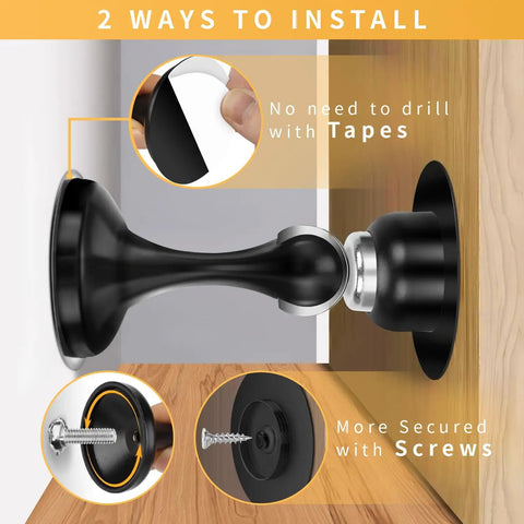 Installation options for Heavy Hitter Magnetic Door Stops 2 Pack with tape and screws for easy mounting.