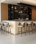 Set of 6 30 Inch Swivel Bar Stools With Curved Back Mid Century Modern Faux Leather Upholstery And Decorative Stitching Perfect For Kitchen Island Dining Or Living Room In Matte Gray at a modern bar