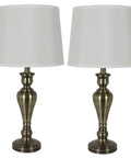 Two Pack Antique Brass Table Lamp Set Built Tough Metal Construction White Linen Hardback Shade And Touch Control Switch