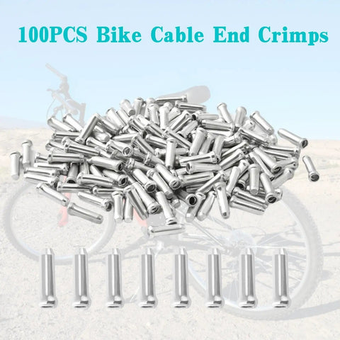 Alloy Brake Cable End Caps For Road And Mountain Bikes Tough Aluminum Crimps Silver End Tips 100 Pack displayed on bike background