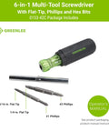 6 In 1 Do It All Tool Screwdriver With Flat Tip Phillips Hex Square Recess And Slotted Bits Tough Hardened Steel Build Chrome Plated Finish For Pro Grade Performance At Home And On The Job shown with bits and handle