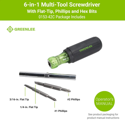 6 In 1 Do It All Tool Screwdriver With Flat Tip Phillips Hex Square Recess And Slotted Bits Tough Hardened Steel Build Chrome Plated Finish For Pro Grade Performance At Home And On The Job shown with bits and handle