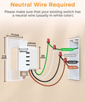 Diagram showing installation wiring for single pole smart switch with neutral wire required, fits decora wall plates.