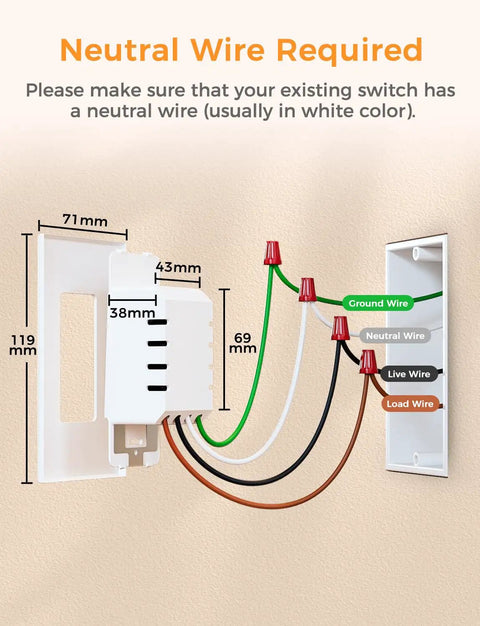 Diagram showing installation wiring for single pole smart switch with neutral wire required, fits decora wall plates.