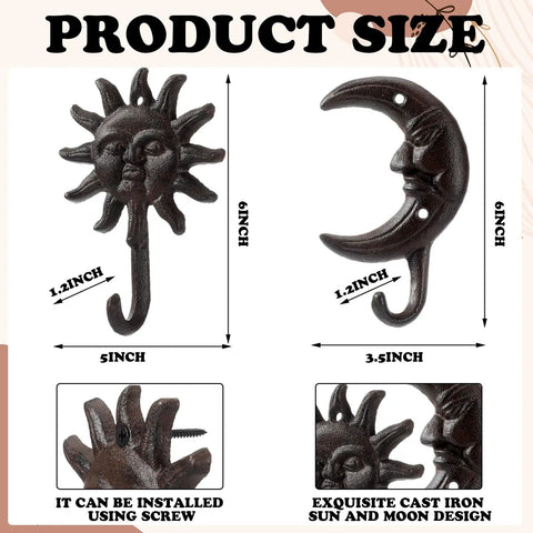 Solid As A Rock Vintage Cast Iron Sun Moon Wall Hooks Heavy Duty Decorative Hanging Hangers For Coats Scarves Bags Towels Keys Real Deal Storage Upgrade With Hardware Included For Everyday Use size dimensions with sun moon hooks