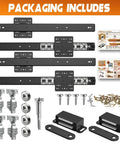 Compact Pocket Door Hardware Kit 24 Inch 4 Pack With Soft Close Track System layout with slides, screws, and components